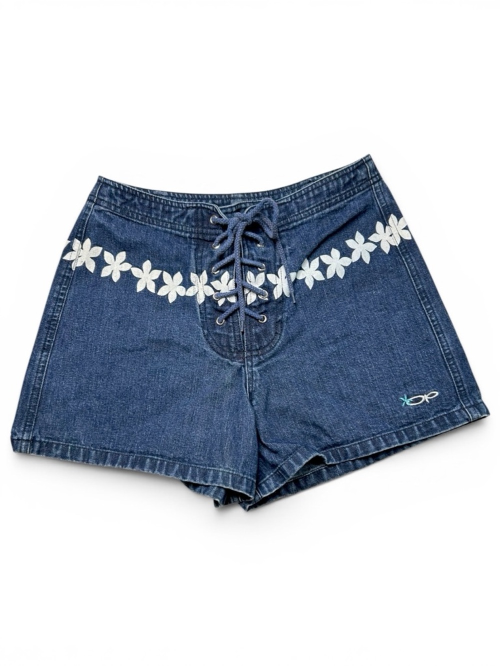 Vintage OP Ocean Pacific Lace Up Denim Shorts Floral Waist Y2K Surf Size 9